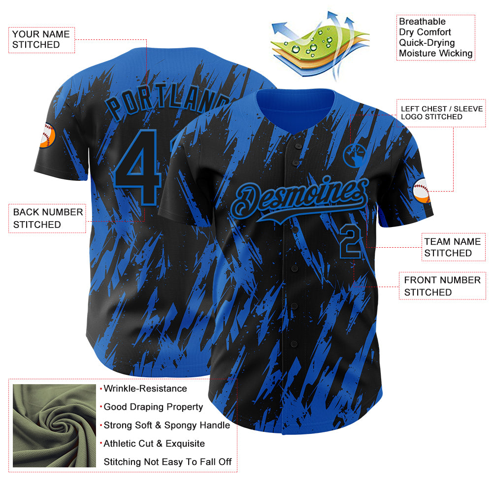 Custom Black Blue Splatter Torn Sharp Brush Stroke Authentic Baseball Jersey