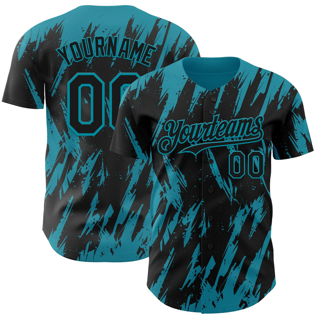 Custom Black Teal Splatter Torn Sharp Brush Stroke Authentic Baseball Jersey