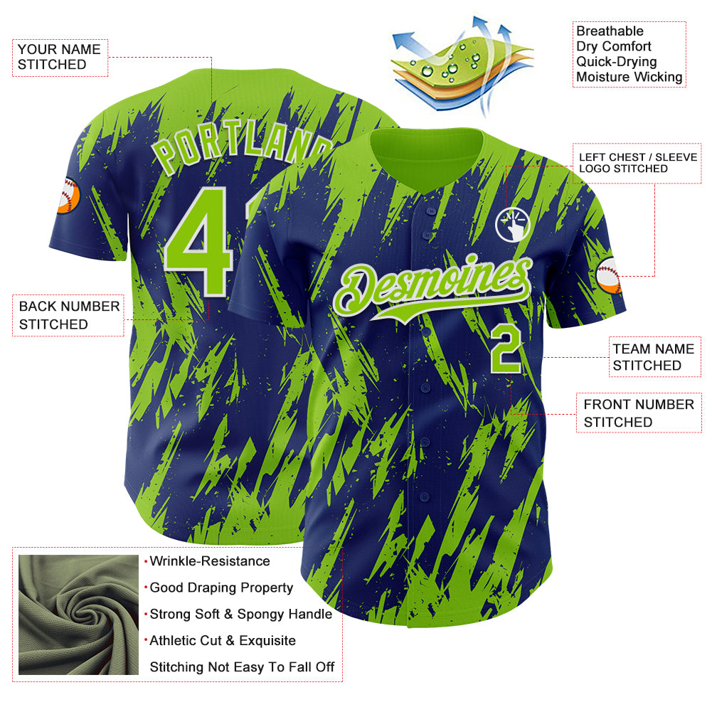 Custom Royal Neon Green-White Splatter Torn Sharp Brush Stroke Authentic Baseball Jersey