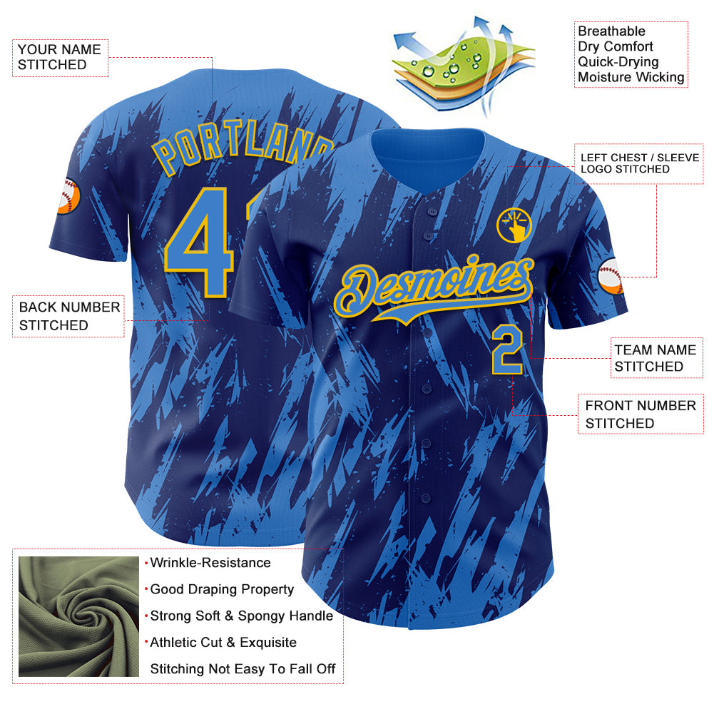 Custom Royal Powder Blue-Yellow Splatter Torn Sharp Brush Stroke Authentic Baseball Jersey