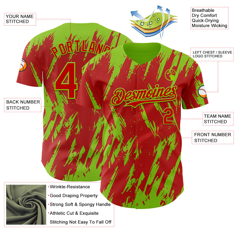 Custom Red Neon Green Splatter Torn Sharp Brush Stroke Authentic Baseball Jersey