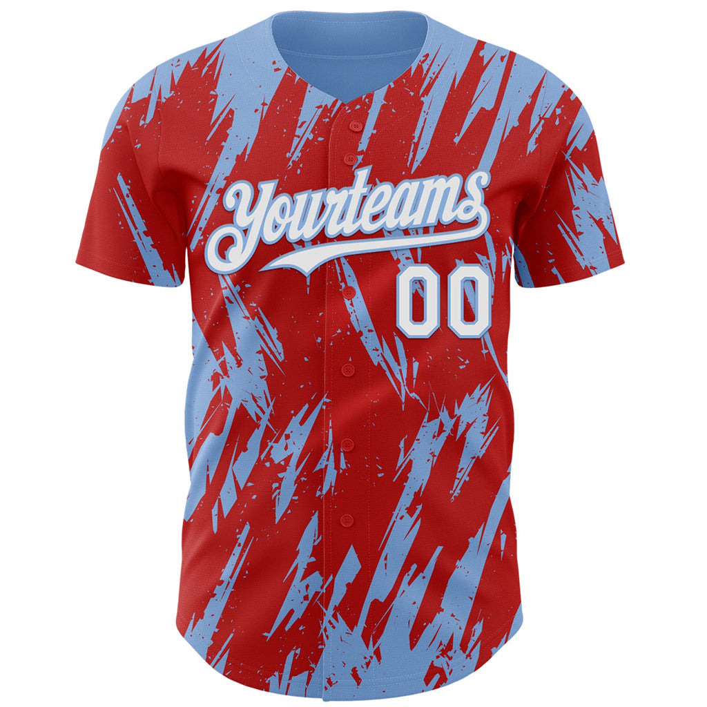 Custom Red White-Light Blue Splatter Torn Sharp Brush Stroke Authentic Baseball Jersey