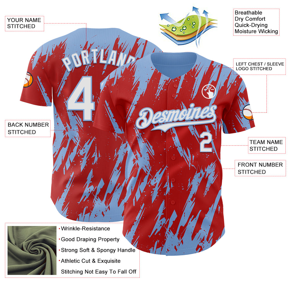 Custom Red White-Light Blue Splatter Torn Sharp Brush Stroke Authentic Baseball Jersey