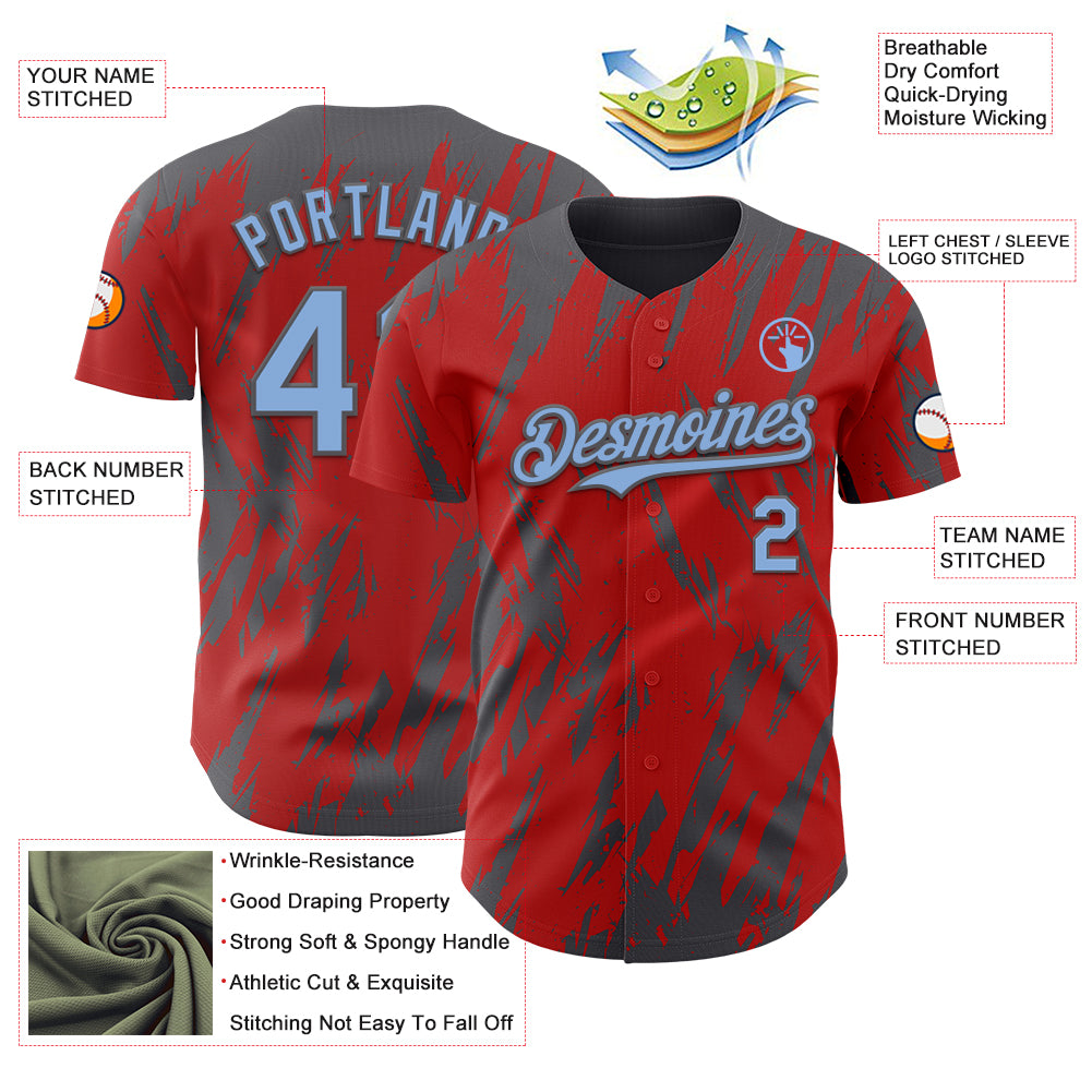 Custom Red Light Blue-Steel Gray Splatter Torn Sharp Brush Stroke Authentic Baseball Jersey