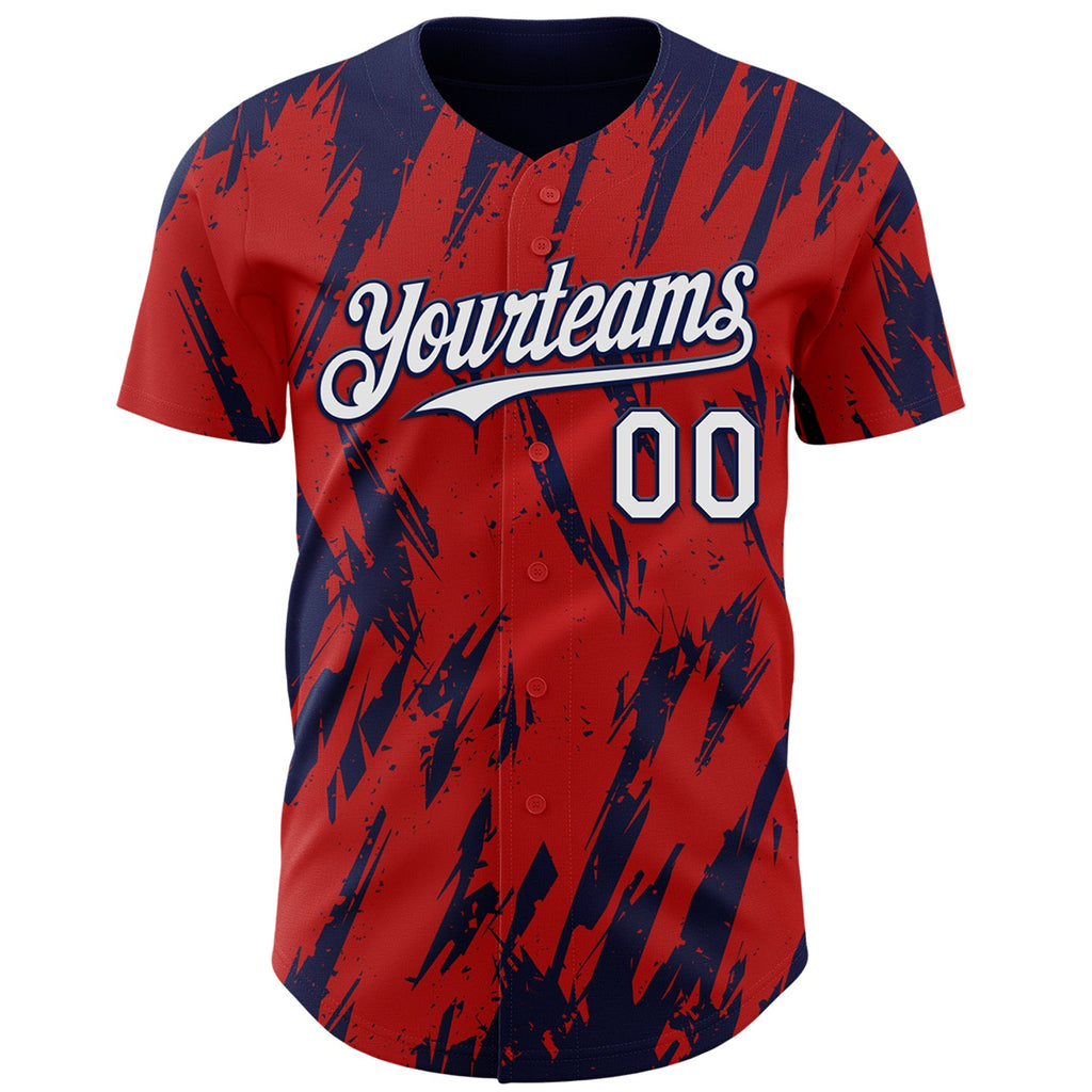 Custom Red White-Navy Splatter Torn Sharp Brush Stroke Authentic Baseball Jersey
