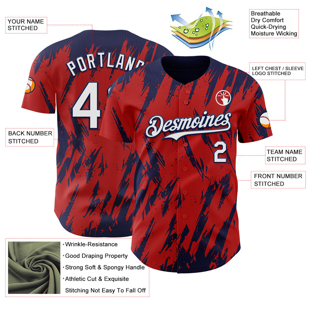 Custom Red White-Navy Splatter Torn Sharp Brush Stroke Authentic Baseball Jersey