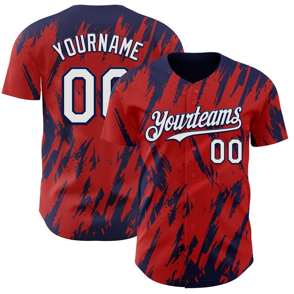 Custom Red White-Navy Splatter Torn Sharp Brush Stroke Authentic Baseball Jersey