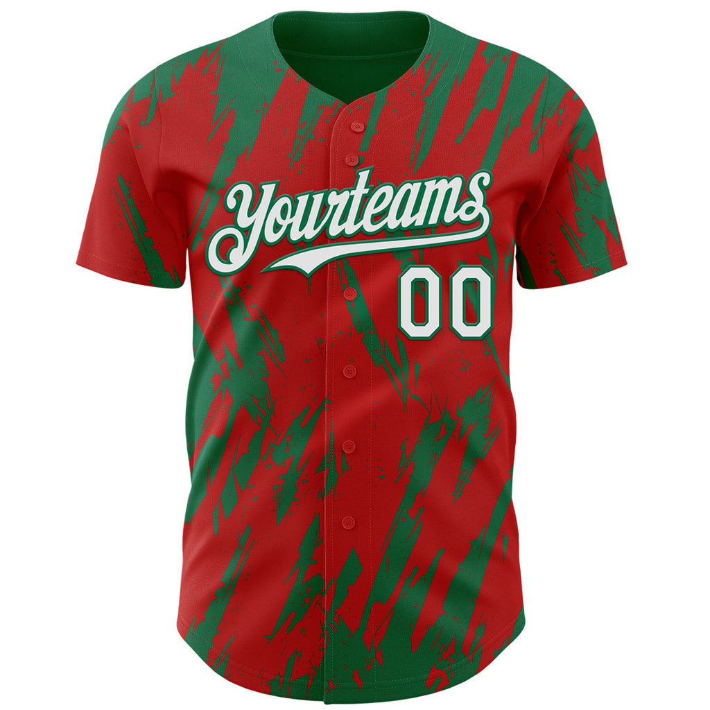 Custom Red White-Kelly Green Splatter Torn Sharp Brush Stroke Authentic Baseball Jersey