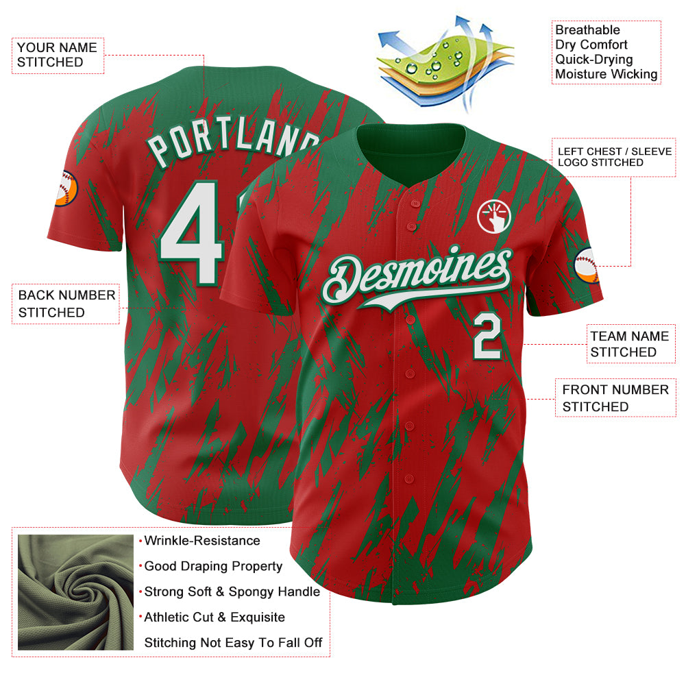 Custom Red White-Kelly Green Splatter Torn Sharp Brush Stroke Authentic Baseball Jersey