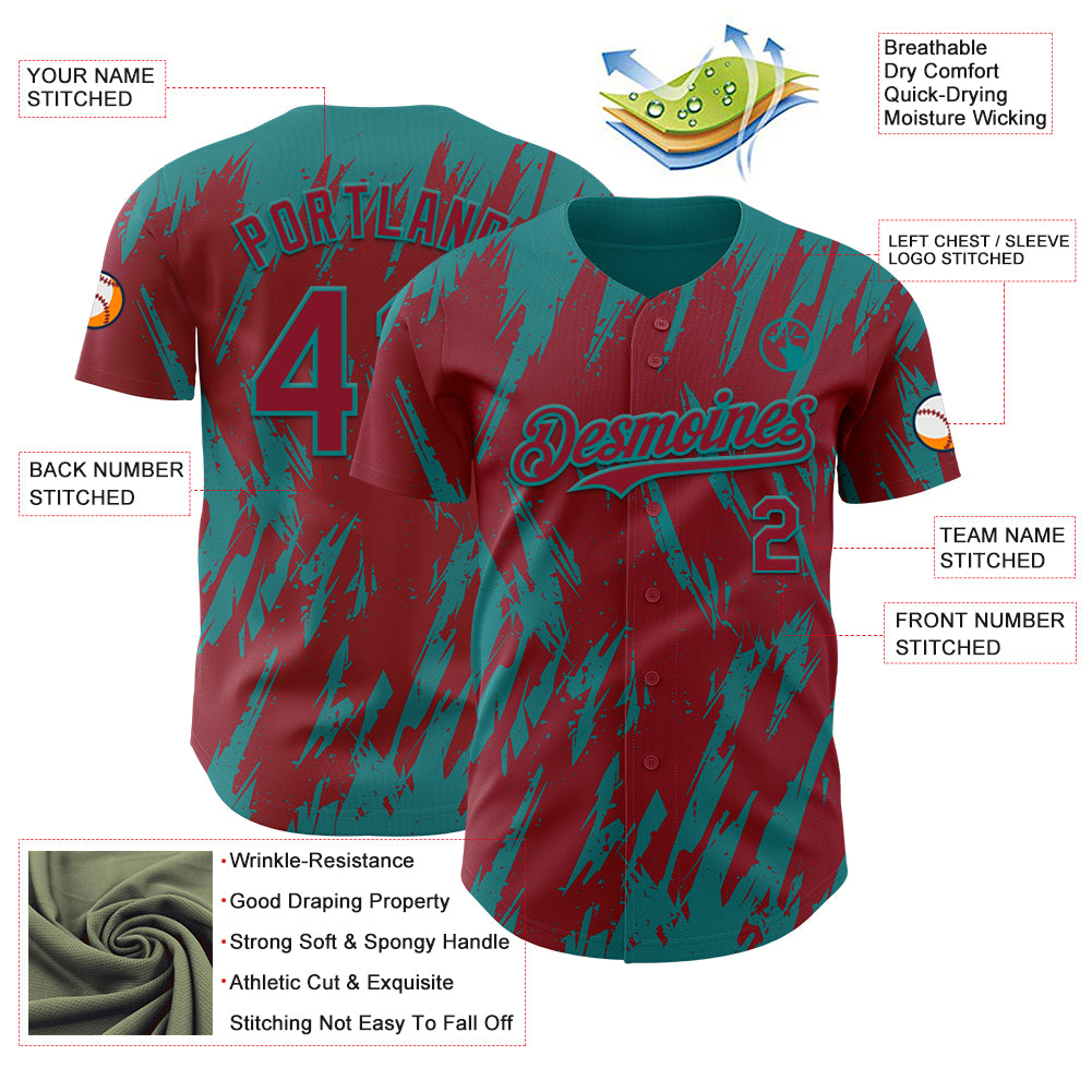 Custom Crimson Teal Splatter Torn Sharp Brush Stroke Authentic Baseball Jersey