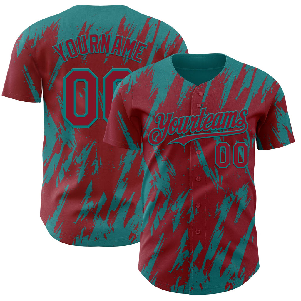 Custom Crimson Teal Splatter Torn Sharp Brush Stroke Authentic Baseball Jersey
