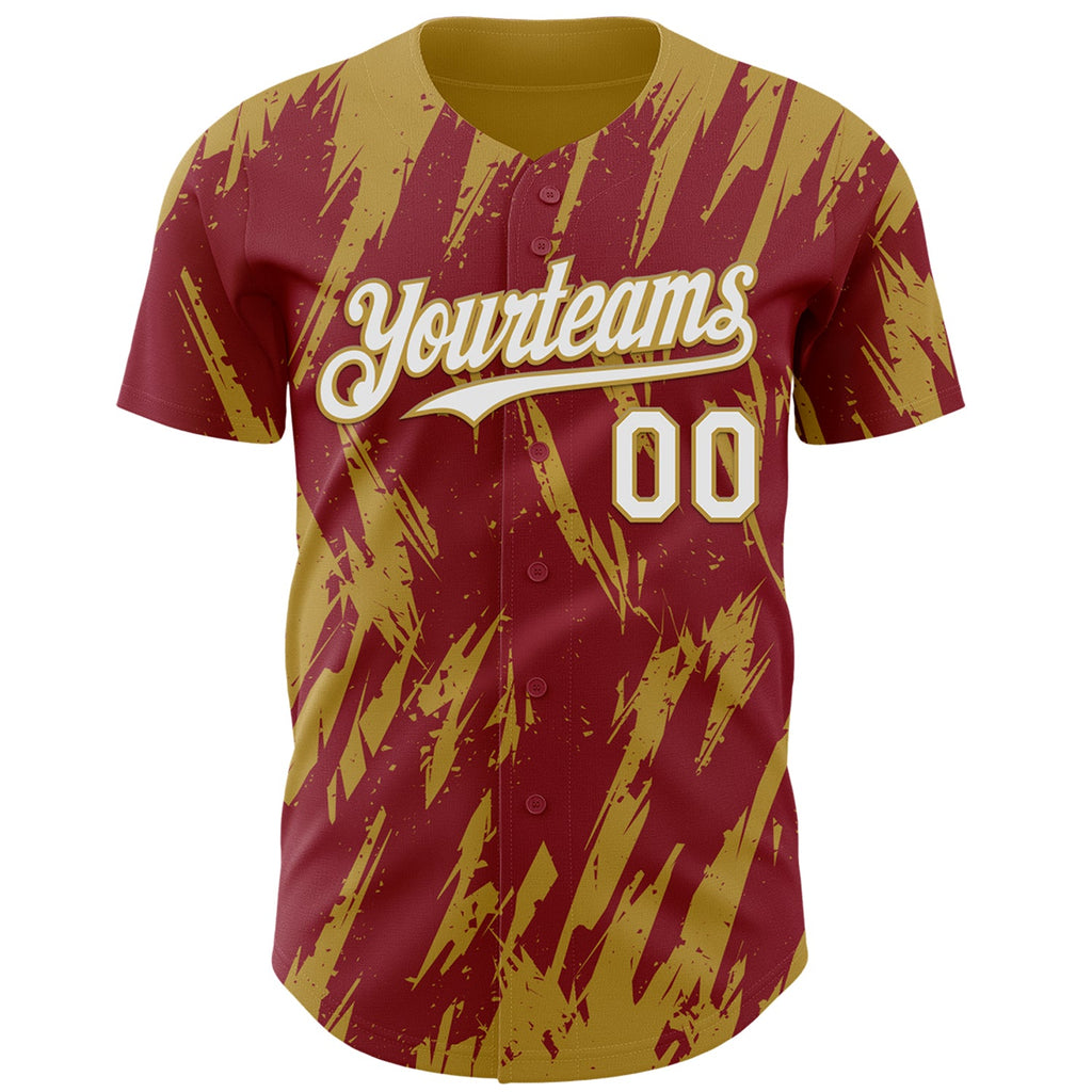 Custom Crimson White-Old Gold Splatter Torn Sharp Brush Stroke Authentic Baseball Jersey