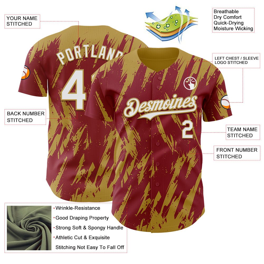 Custom Crimson White-Old Gold Splatter Torn Sharp Brush Stroke Authentic Baseball Jersey