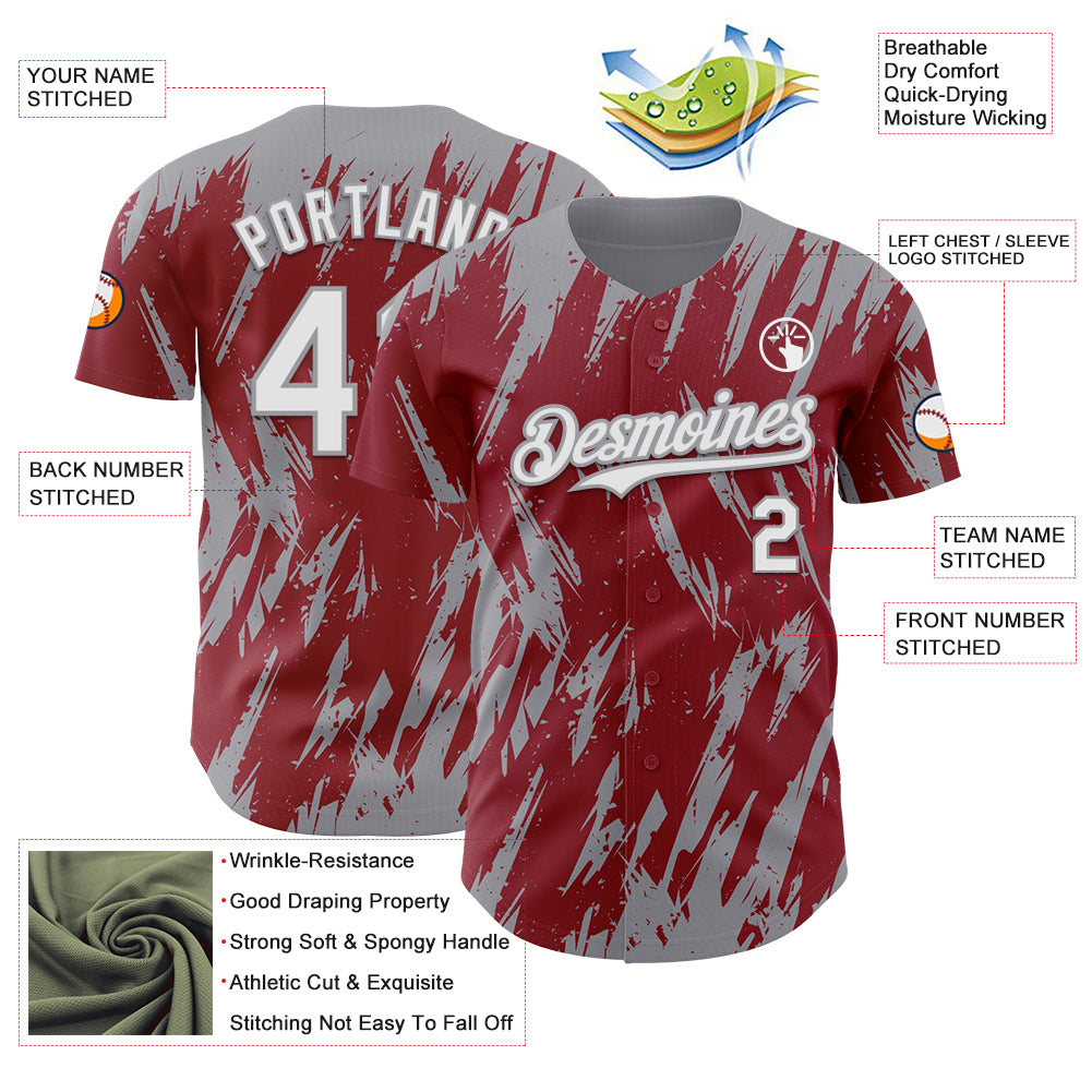 Custom Crimson White-Gray Splatter Torn Sharp Brush Stroke Authentic Baseball Jersey