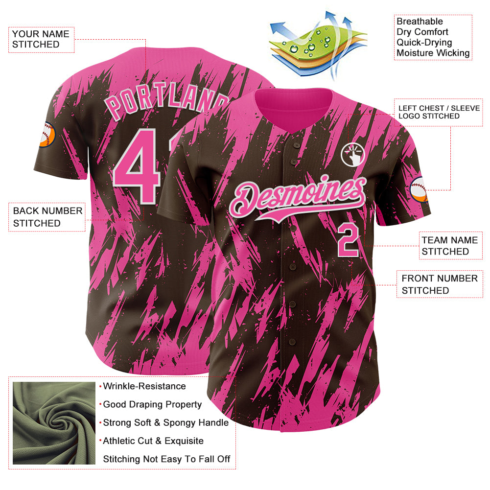 Custom Brown Pink-White Splatter Torn Sharp Brush Stroke Authentic Baseball Jersey