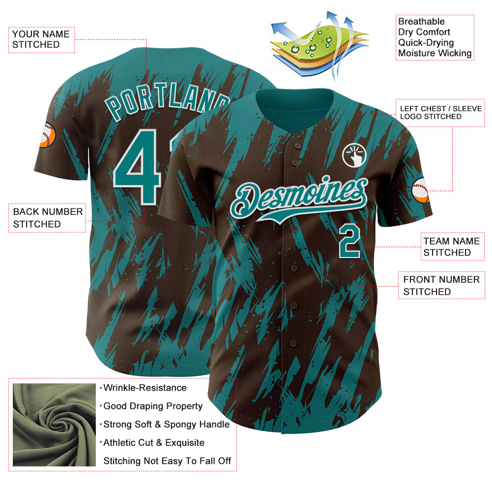 Custom Brown Teal-White Splatter Torn Sharp Brush Stroke Authentic Baseball Jersey