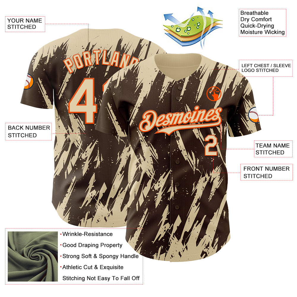 Custom Brown Cream-Orange Splatter Torn Sharp Brush Stroke Authentic Baseball Jersey