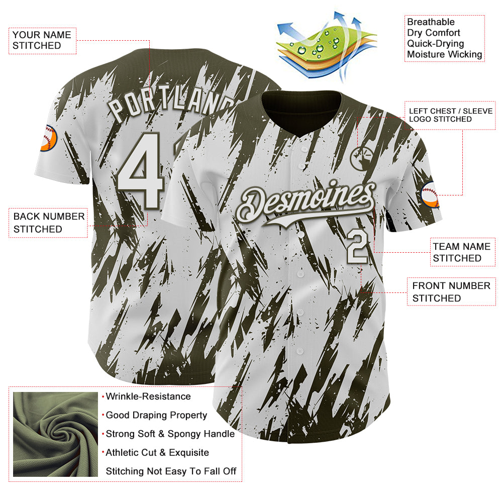 Custom White Olive Splatter Torn Sharp Brush Stroke Authentic Baseball Jersey