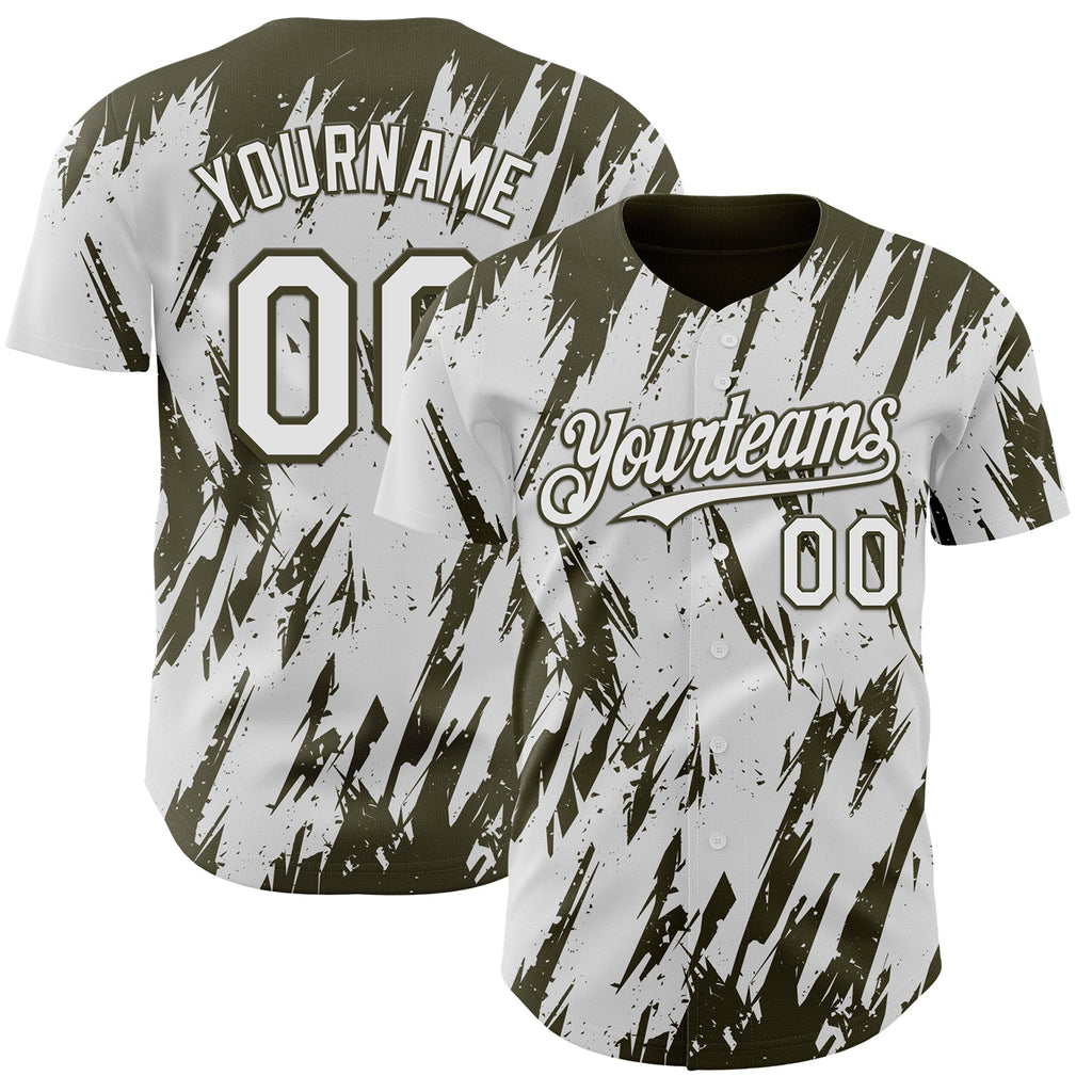 Custom White Olive Splatter Torn Sharp Brush Stroke Authentic Baseball Jersey
