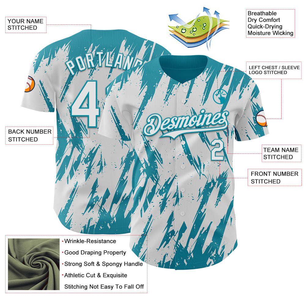 Custom White Teal Splatter Torn Sharp Brush Stroke Authentic Baseball Jersey
