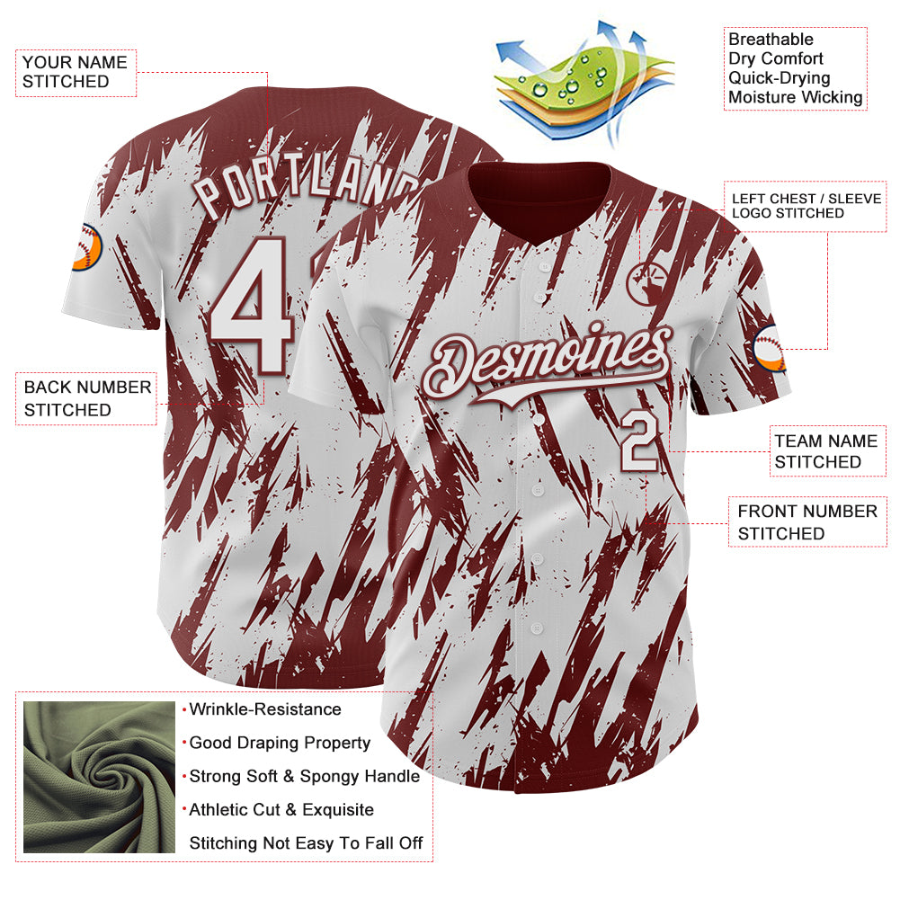 Custom White Burgundy Splatter Torn Sharp Brush Stroke Authentic Baseball Jersey