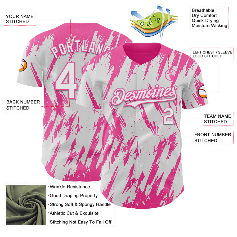 Custom White Pink Splatter Torn Sharp Brush Stroke Authentic Baseball Jersey