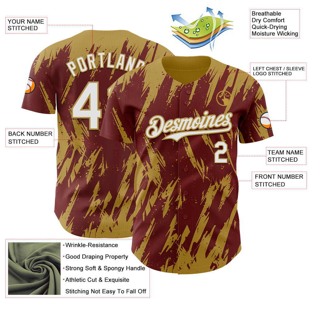 Custom Burgundy White-Old Gold Splatter Torn Sharp Brush Stroke Authentic Baseball Jersey