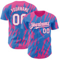 Custom Powder Blue White-Pink Splatter Torn Sharp Brush Stroke Authentic Baseball Jersey