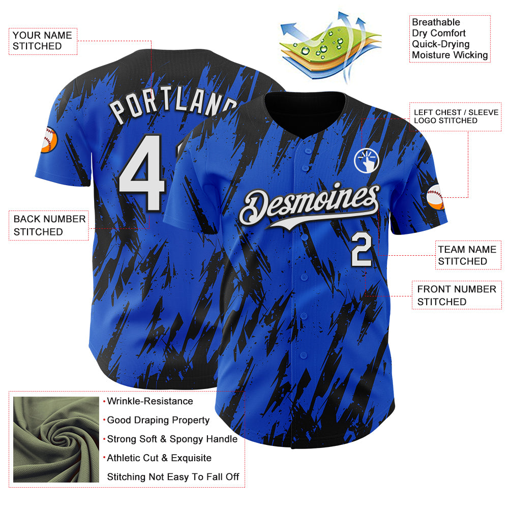 Custom Thunder Blue White-Black Splatter Torn Sharp Brush Stroke Authentic Baseball Jersey