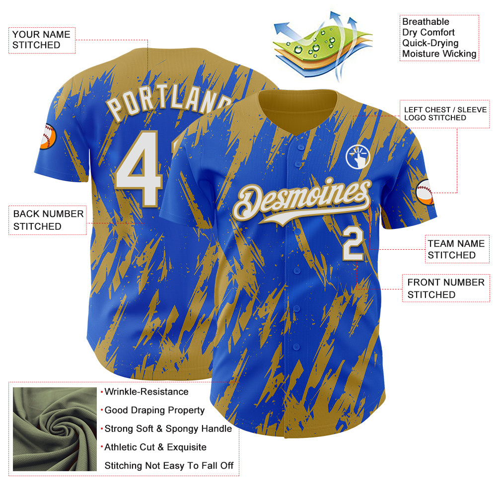 Custom Thunder Blue White-Old Gold Splatter Torn Sharp Brush Stroke Authentic Baseball Jersey