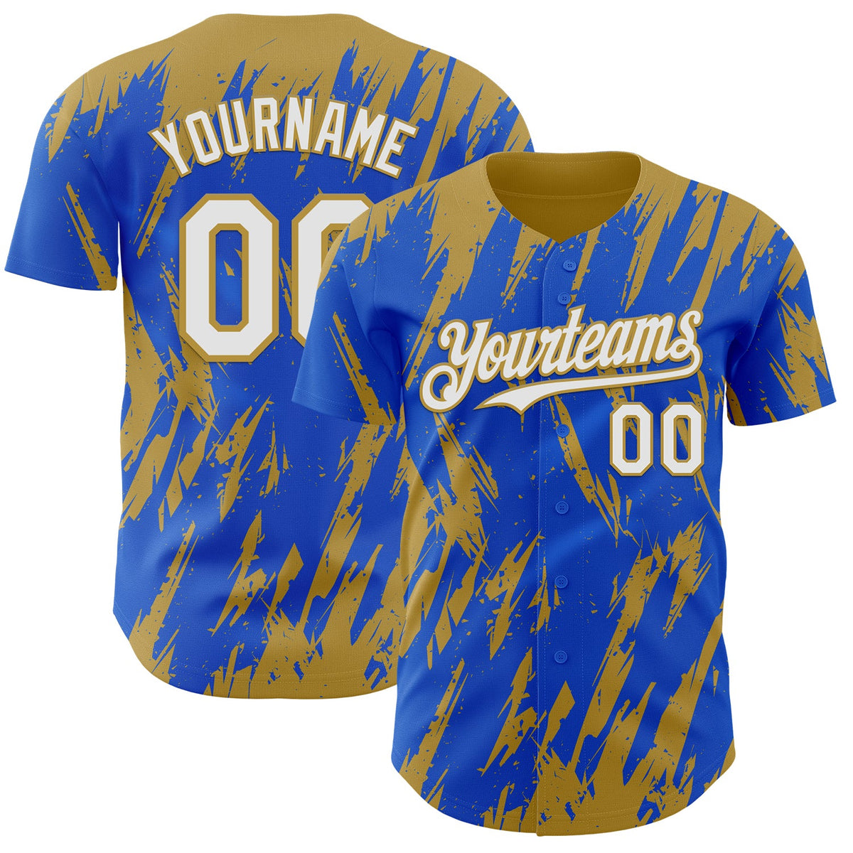 Custom Thunder Blue White-Old Gold Splatter Torn Sharp Brush Stroke Authentic Baseball Jersey