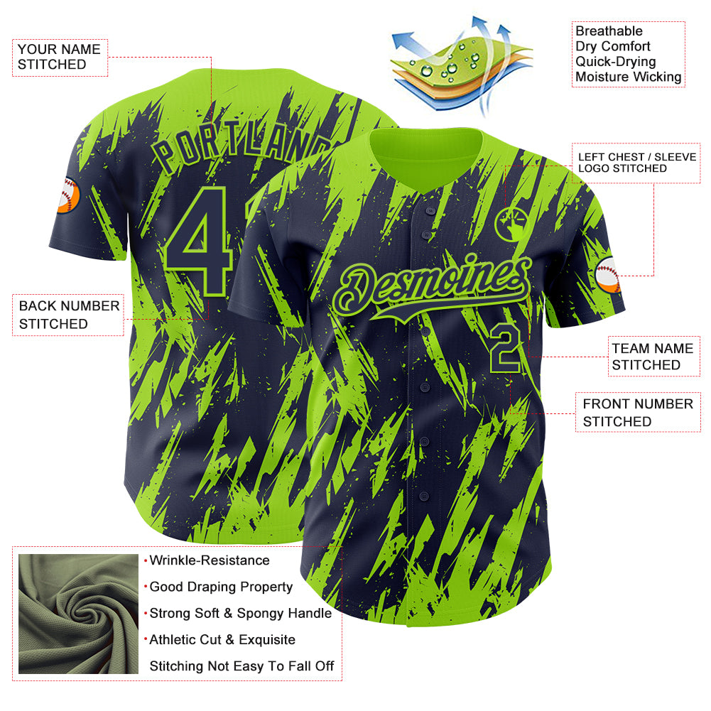 Custom Navy Neon Green Splatter Torn Sharp Brush Stroke Authentic Baseball Jersey