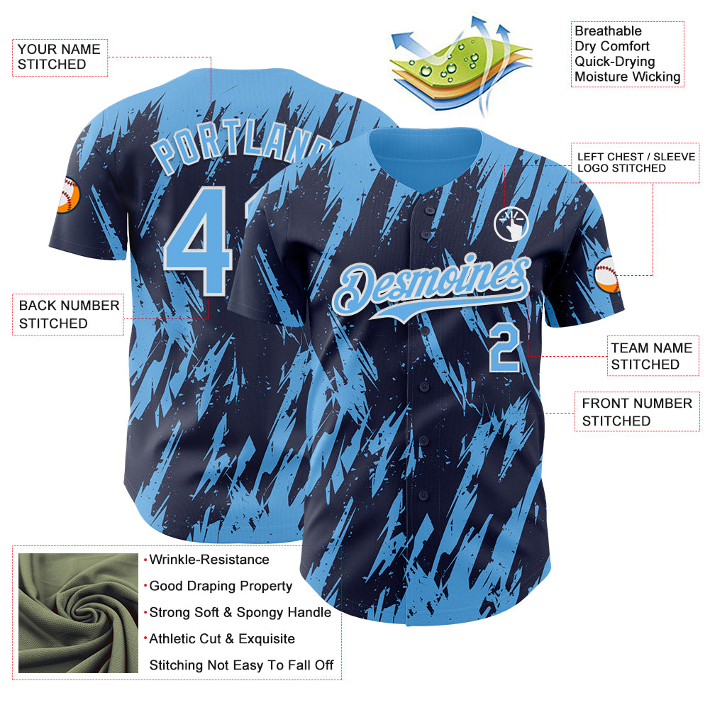 Custom Navy Sky Blue-White Splatter Torn Sharp Brush Stroke Authentic Baseball Jersey