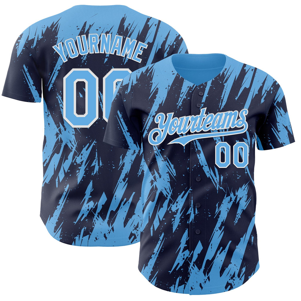Custom Navy Sky Blue-White Splatter Torn Sharp Brush Stroke Authentic Baseball Jersey
