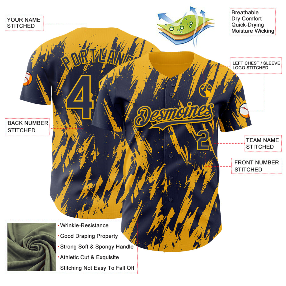 Custom Navy Gold Splatter Torn Sharp Brush Stroke Authentic Baseball Jersey