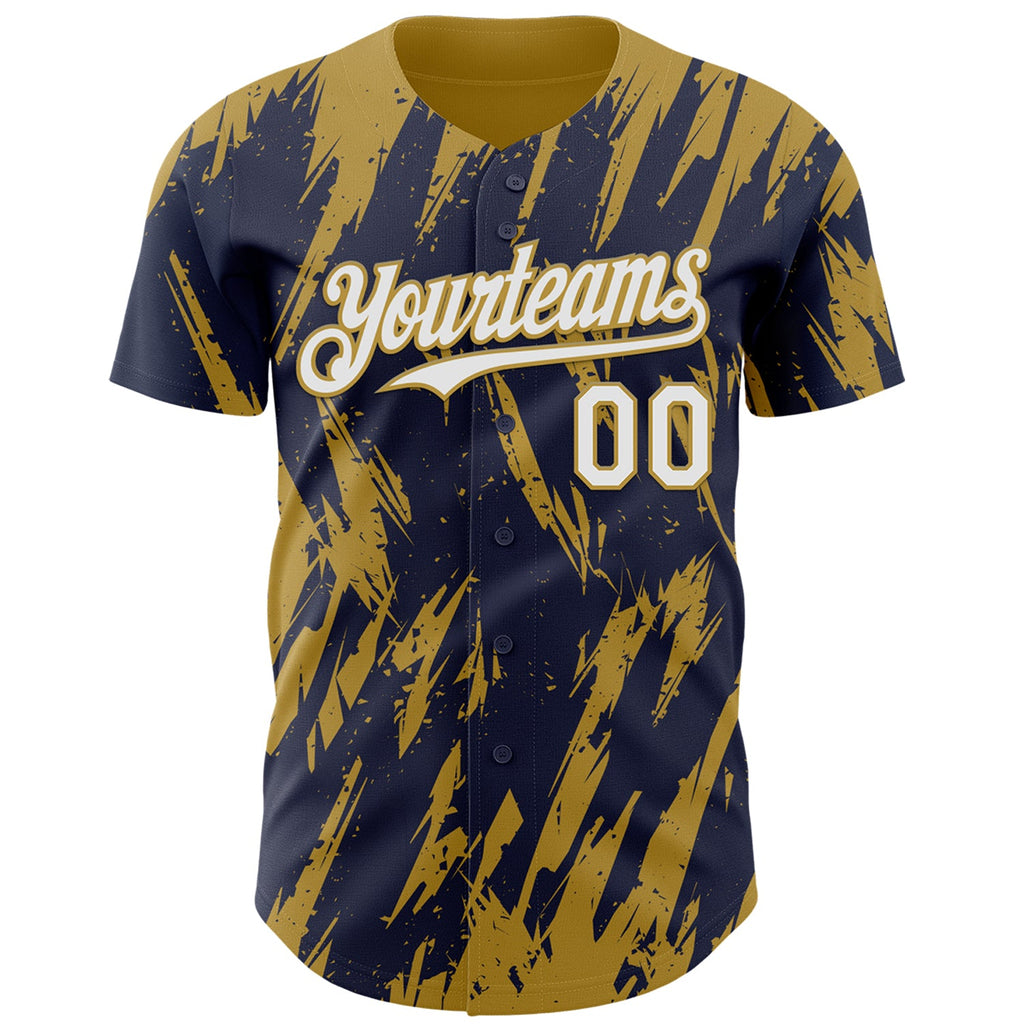 Custom Navy White-Old Gold Splatter Torn Sharp Brush Stroke Authentic Baseball Jersey
