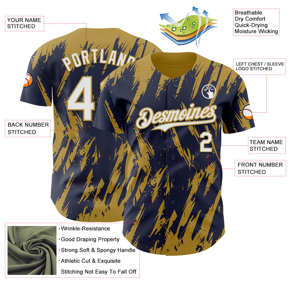 Custom Navy White-Old Gold Splatter Torn Sharp Brush Stroke Authentic Baseball Jersey