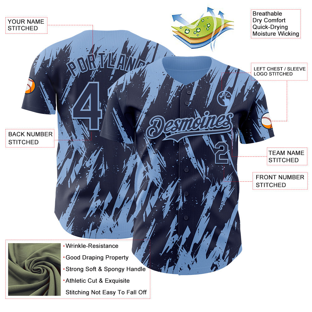 Custom Navy Light Blue Splatter Torn Sharp Brush Stroke Authentic Baseball Jersey