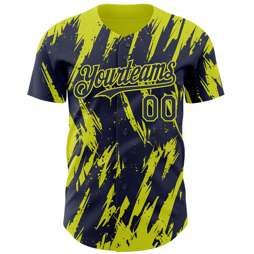 Custom Navy Neon Yellow Splatter Torn Sharp Brush Stroke Authentic Baseball Jersey
