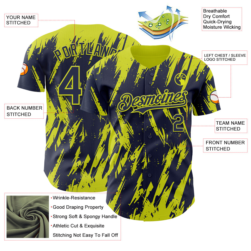 Custom Navy Neon Yellow Splatter Torn Sharp Brush Stroke Authentic Baseball Jersey