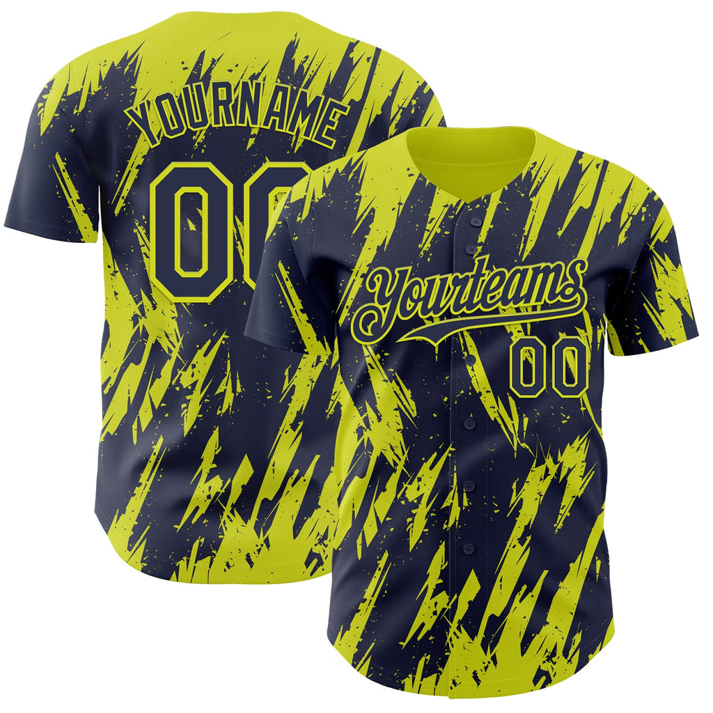 Custom Navy Neon Yellow Splatter Torn Sharp Brush Stroke Authentic Baseball Jersey
