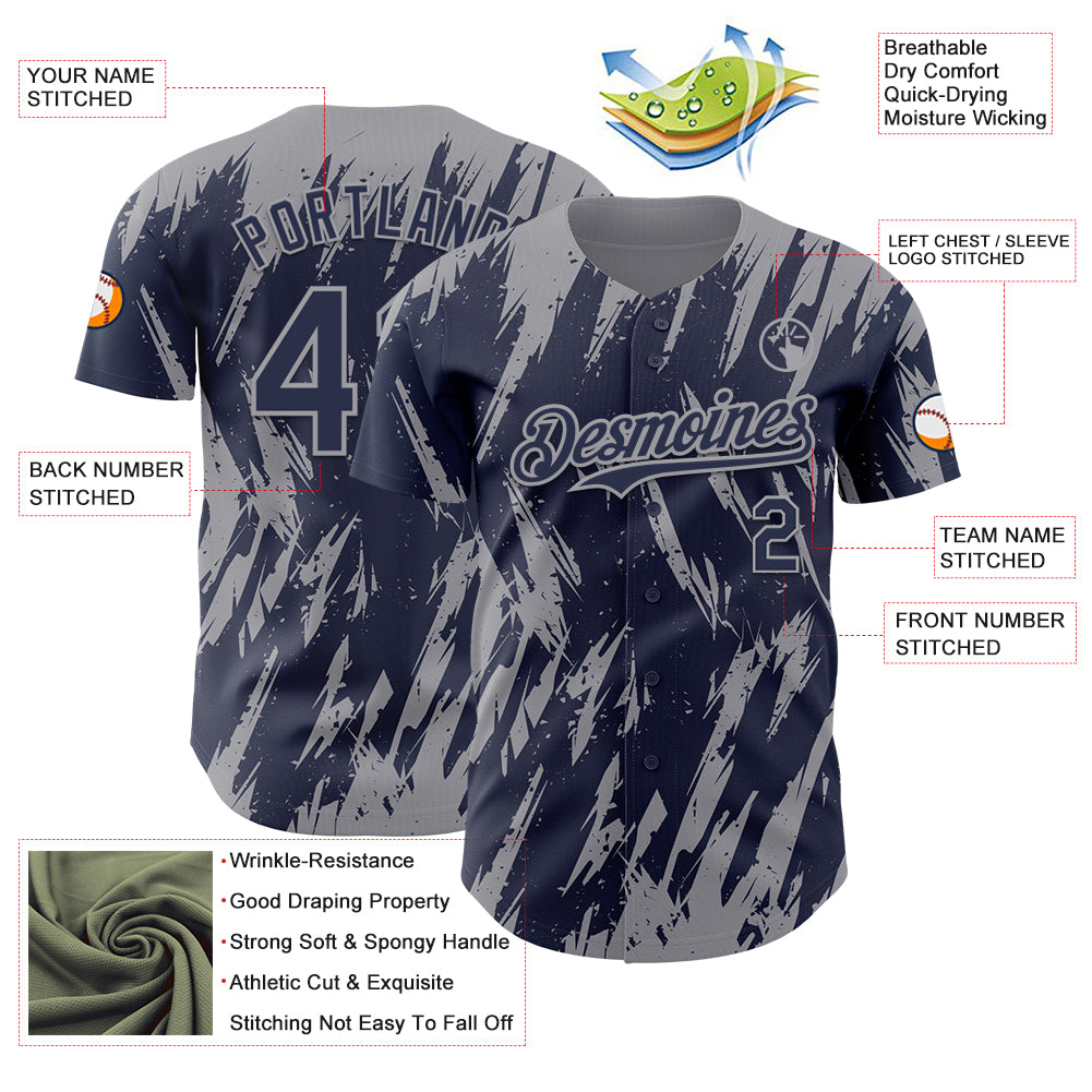 Custom Navy Gray Splatter Torn Sharp Brush Stroke Authentic Baseball Jersey