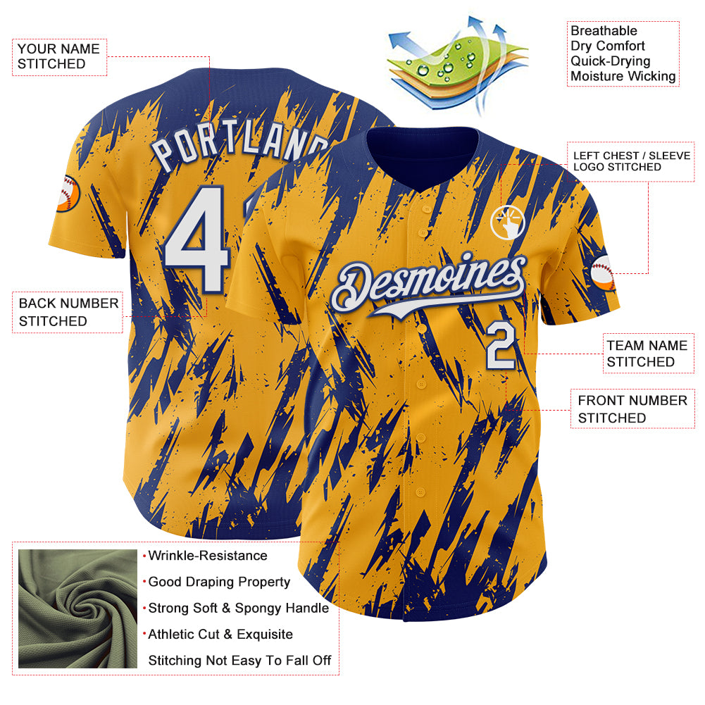 Custom Gold White-Royal Splatter Torn Sharp Brush Stroke Authentic Baseball Jersey