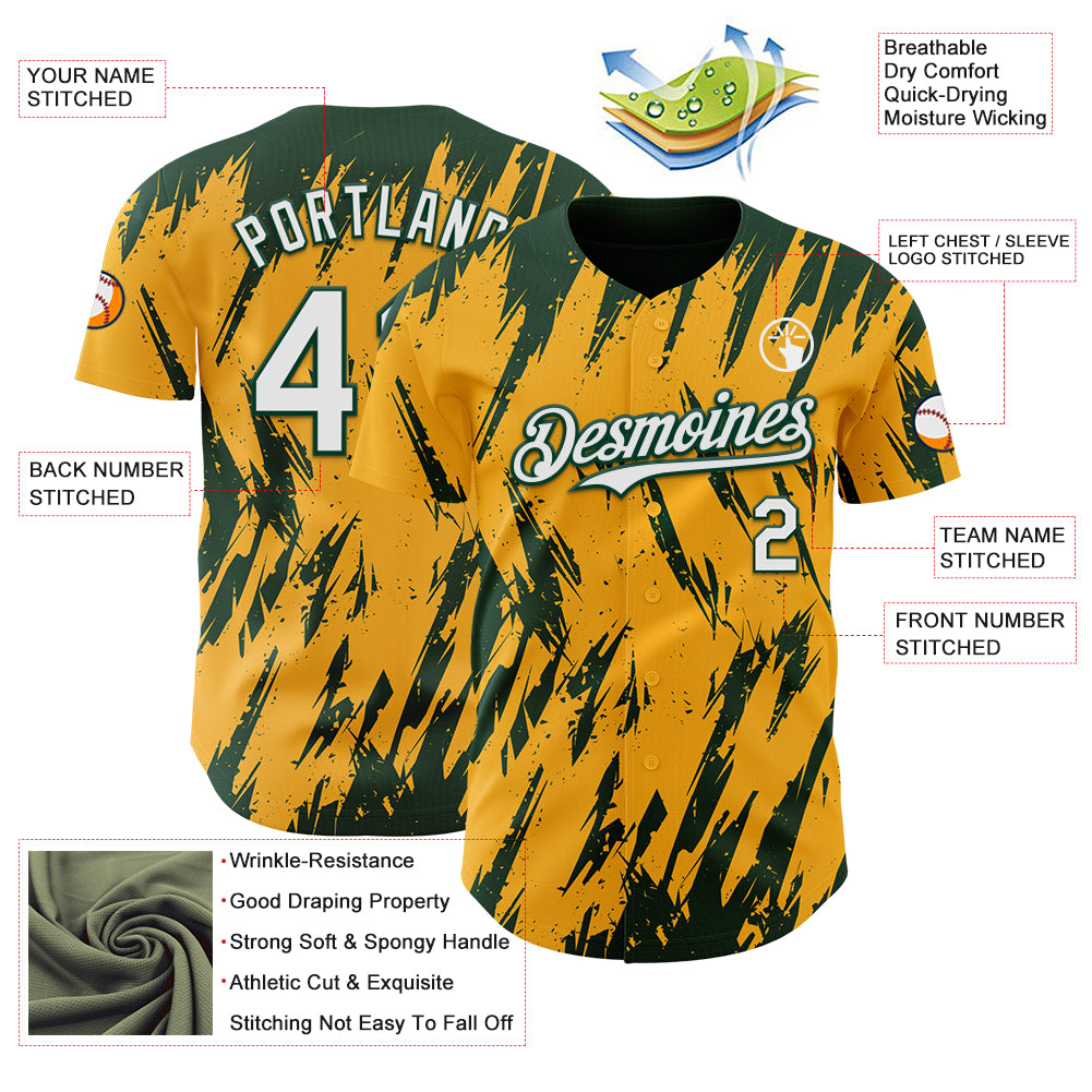Custom Gold White-Green Splatter Torn Sharp Brush Stroke Authentic Baseball Jersey