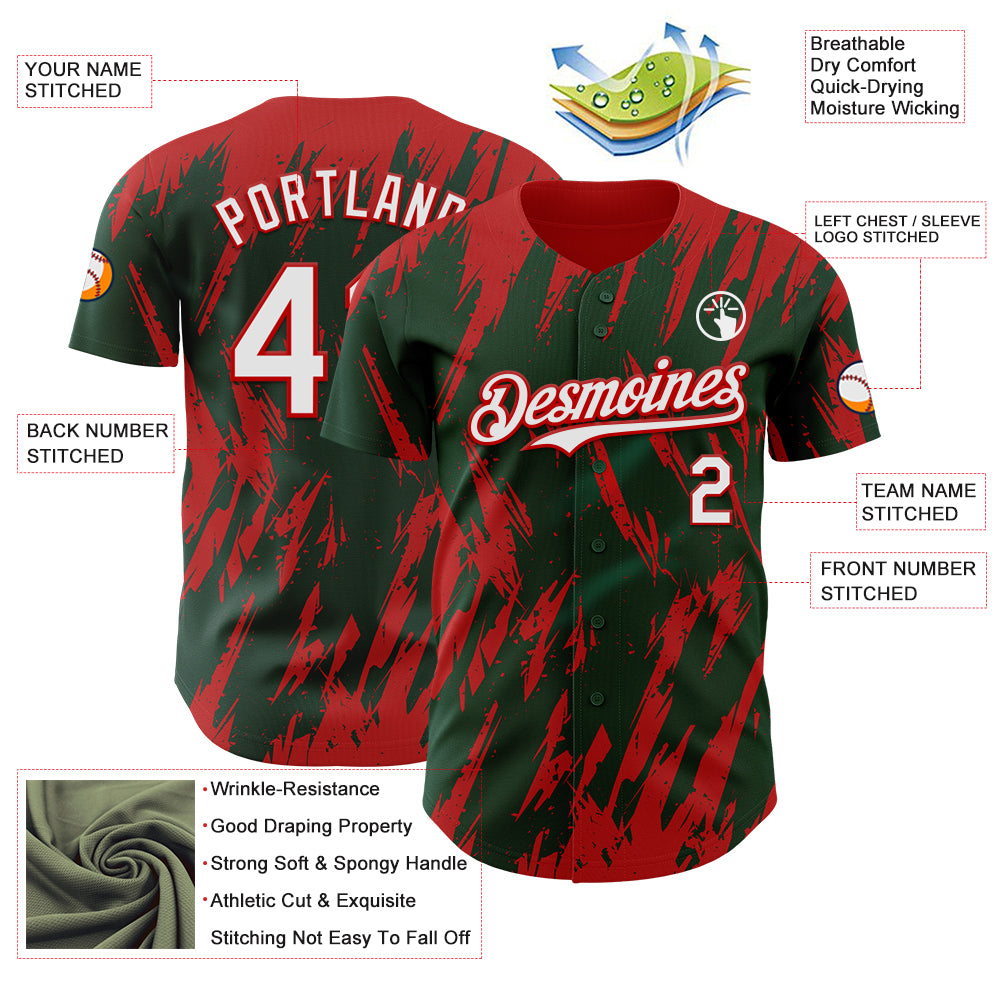 Custom Green White-Red Splatter Torn Sharp Brush Stroke Authentic Baseball Jersey