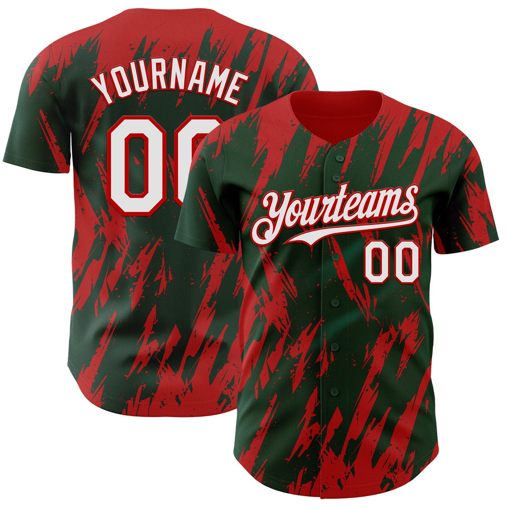 Custom Green White-Red Splatter Torn Sharp Brush Stroke Authentic Baseball Jersey