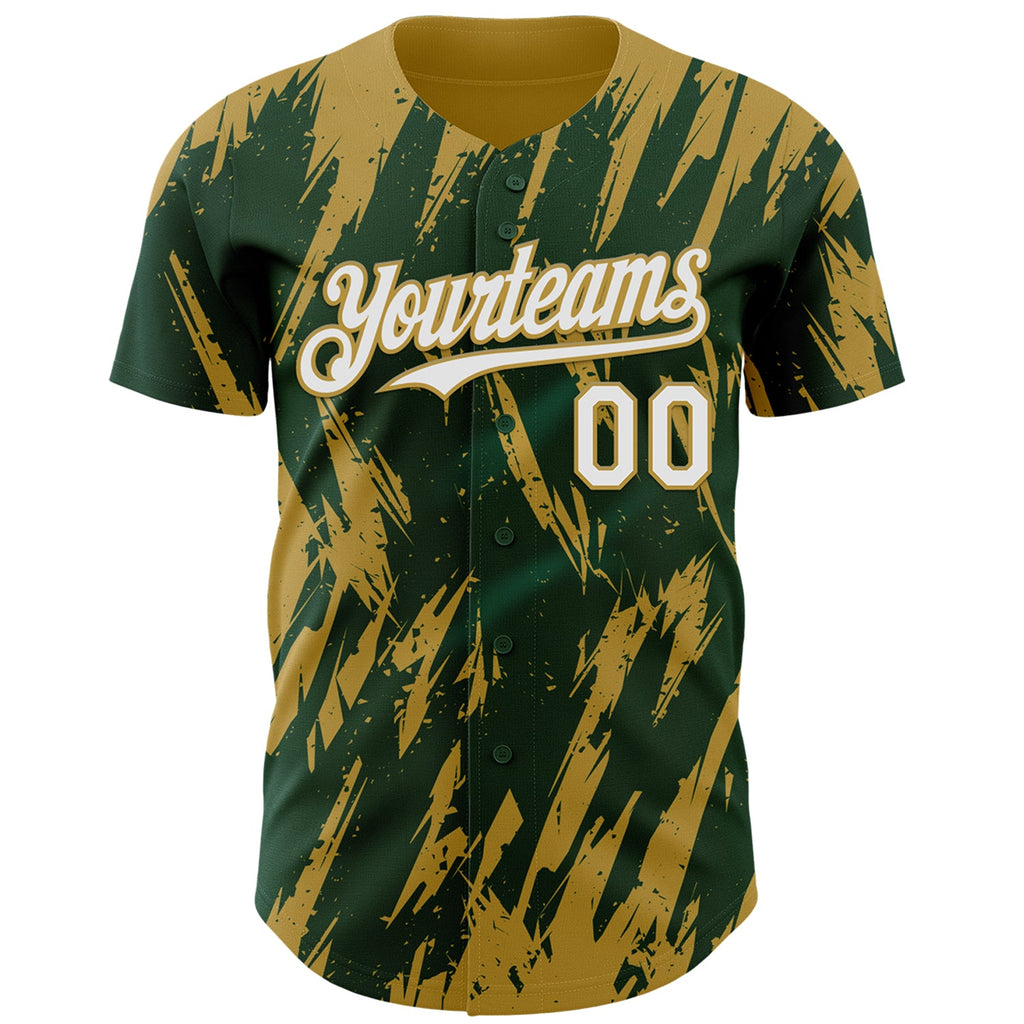 Custom Green White-Old Gold Splatter Torn Sharp Brush Stroke Authentic Baseball Jersey