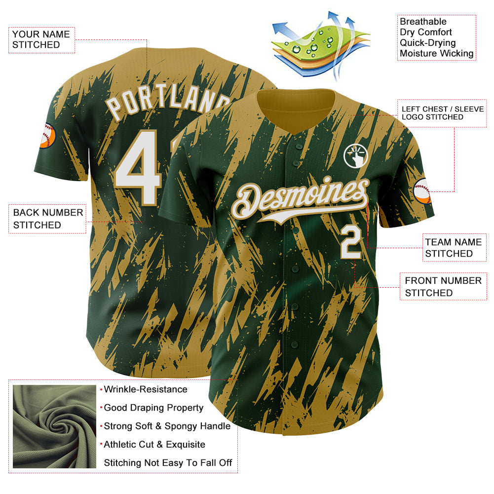 Custom Green White-Old Gold Splatter Torn Sharp Brush Stroke Authentic Baseball Jersey