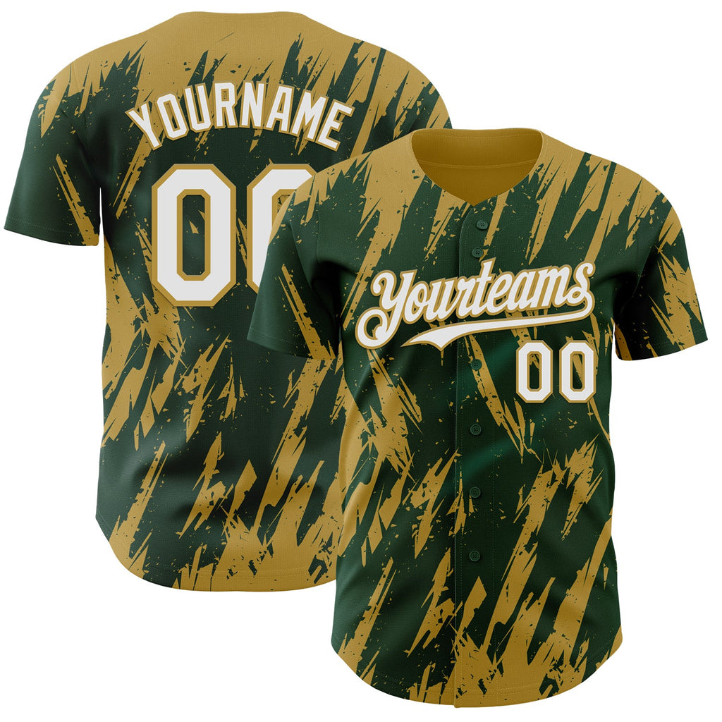Custom Green White-Old Gold Splatter Torn Sharp Brush Stroke Authentic Baseball Jersey