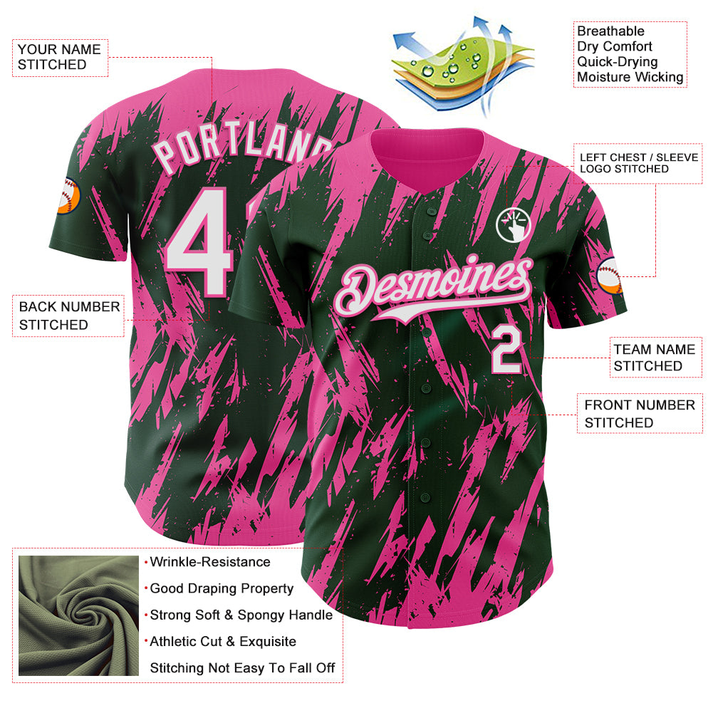 Custom Green White-Pink Splatter Torn Sharp Brush Stroke Authentic Baseball Jersey